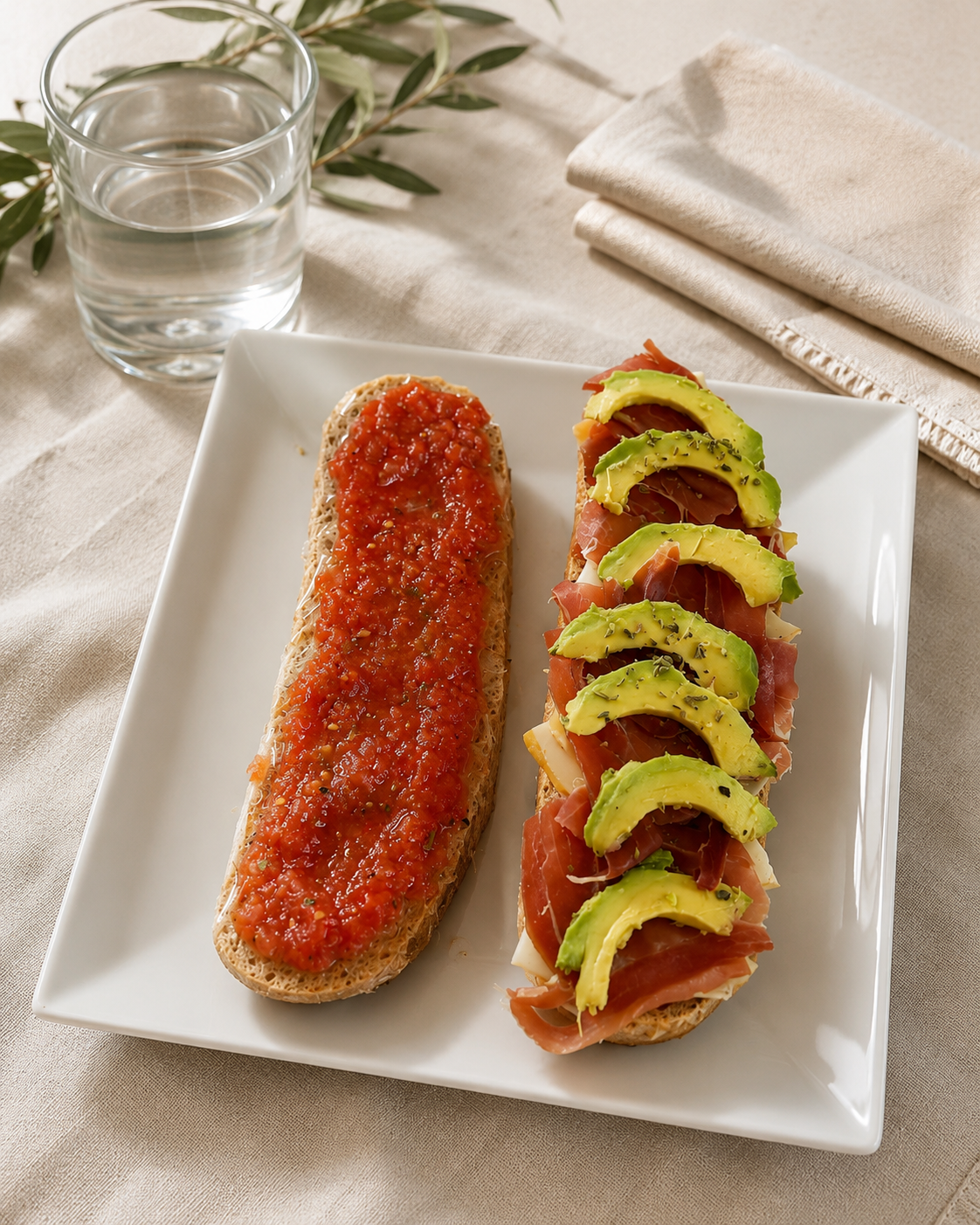 Bocadillos artesanos de El Maná: pan con tomate y jamón con aguacate