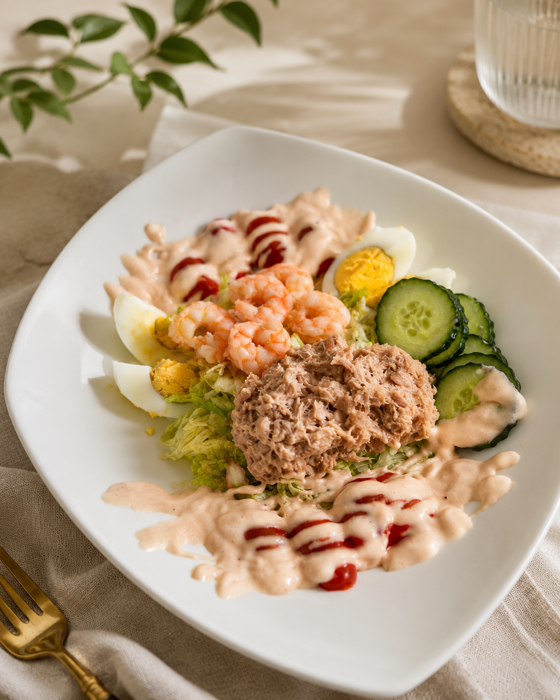 Ensalada mixta con atún, gambas y pepino fresco de El Maná Takeaway