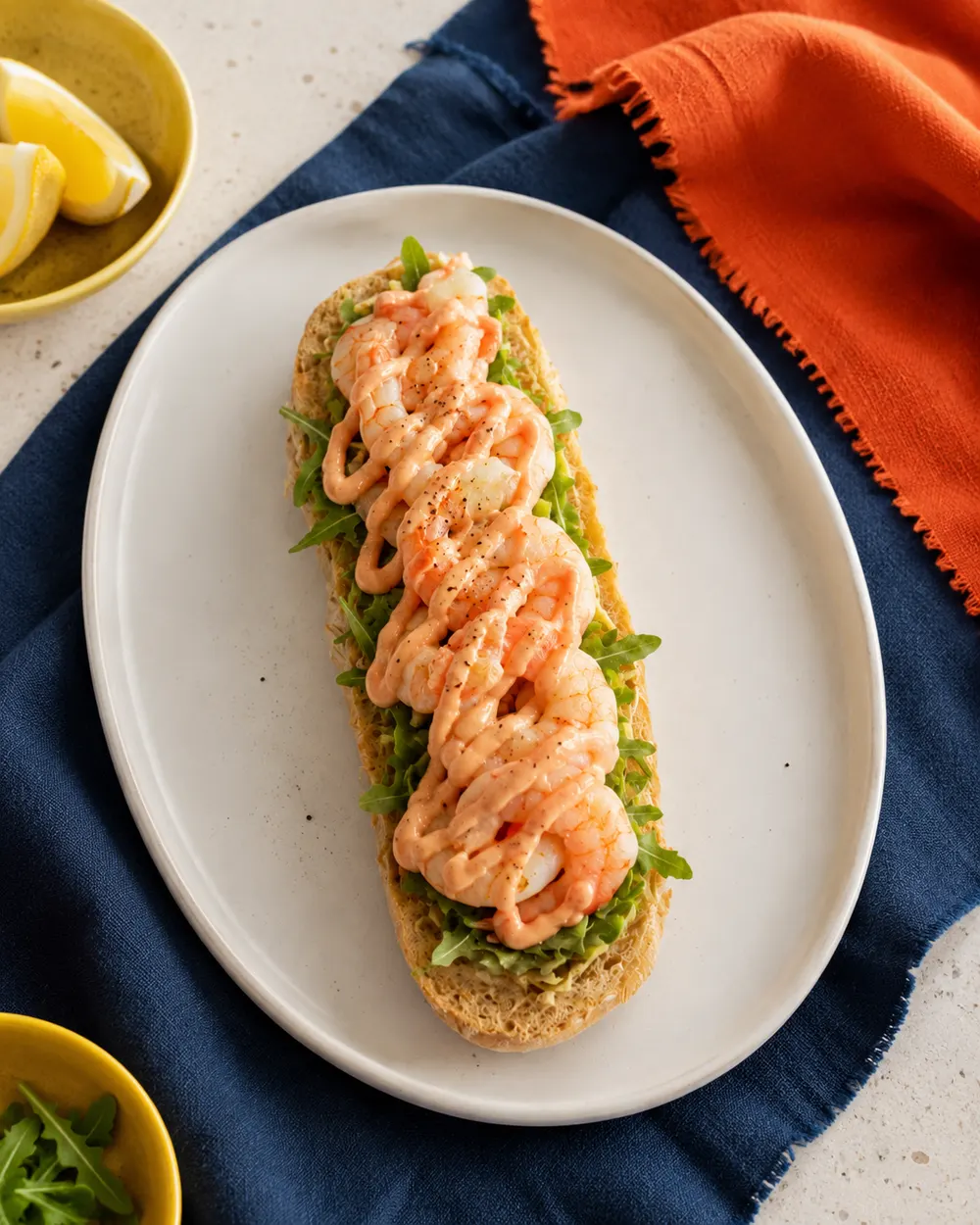 Bocadillo El Maná de langostino con rúcula y salsa rosa